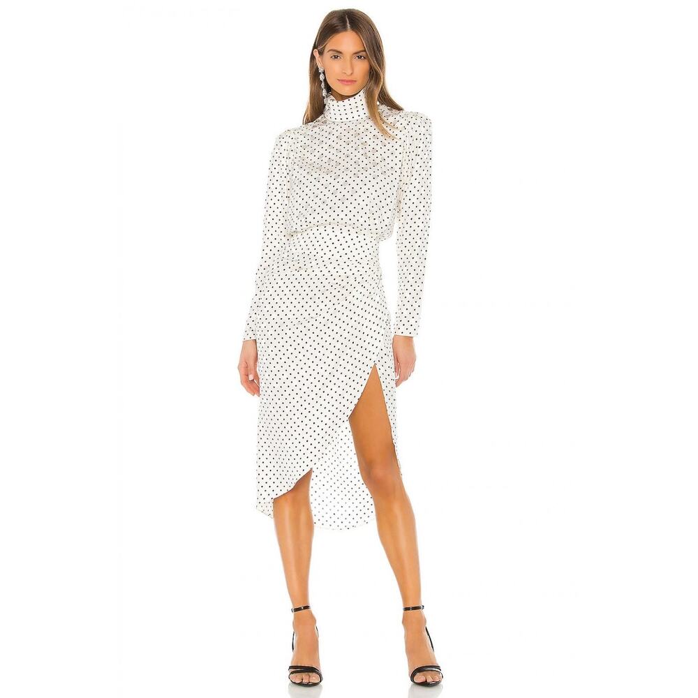 Ronny Kobo Kiara White Polka Dot Print Asymmetric Long Sleeve Turtleneck Dress M